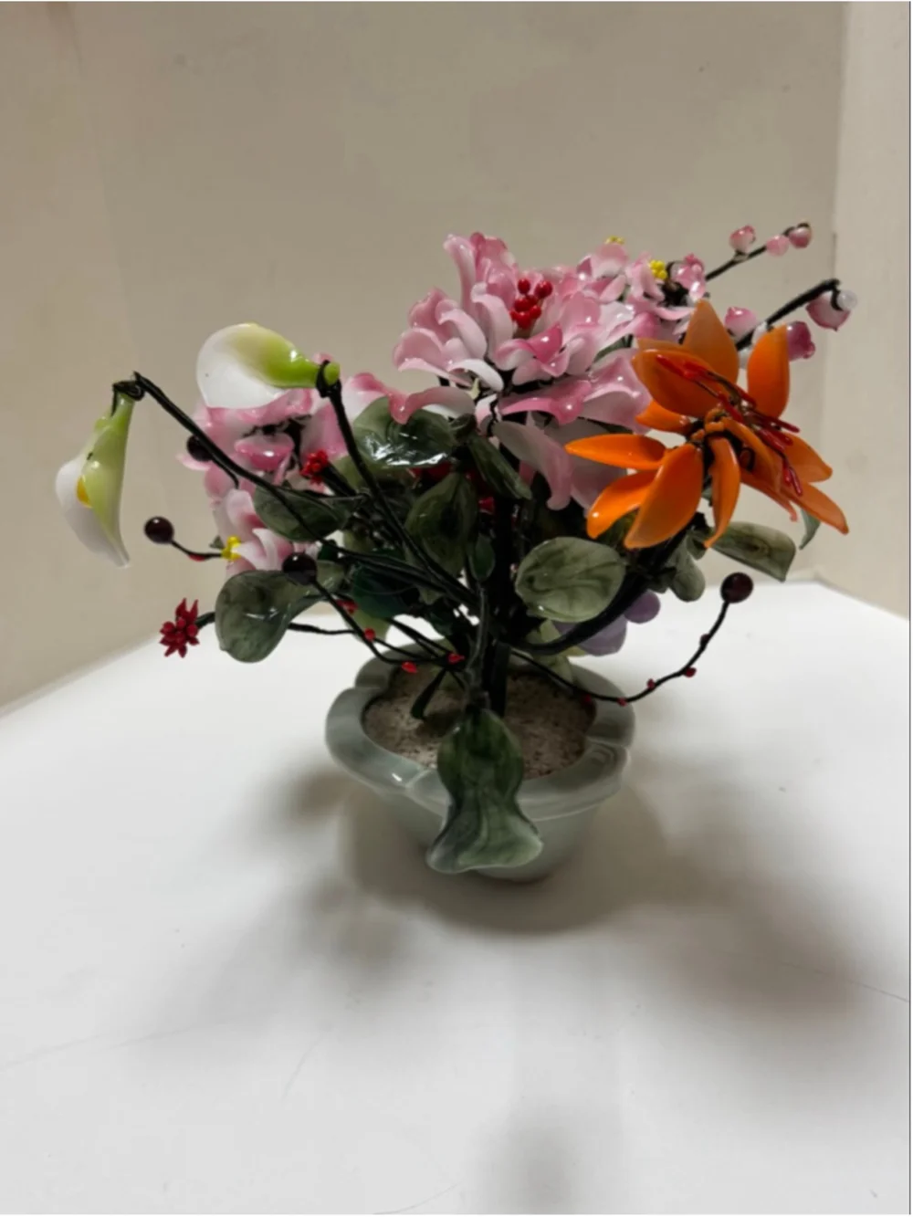 Vintage Yaun Feng Oriental Jade Glass Flowering Blossom Bonsai Tree